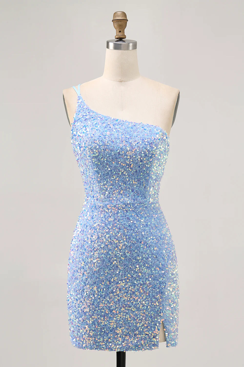 Chic Short Dress Sparkly Light Blue Sequins Sheath One Shoulder Sleeveless Side Fork Backless Hot Sale Homecoming Dress