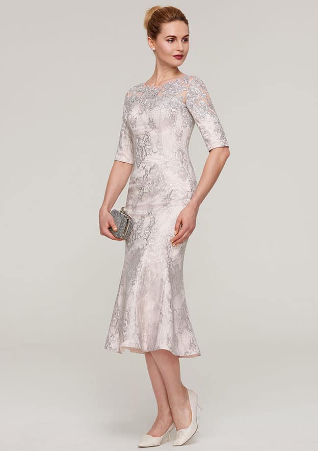 Charming Vintage Wedding Guest Dresses Mermaid Bateau Half Sleeve Lace With Appliqued Tea-Length Hot Sale Mother of the Bride Dress