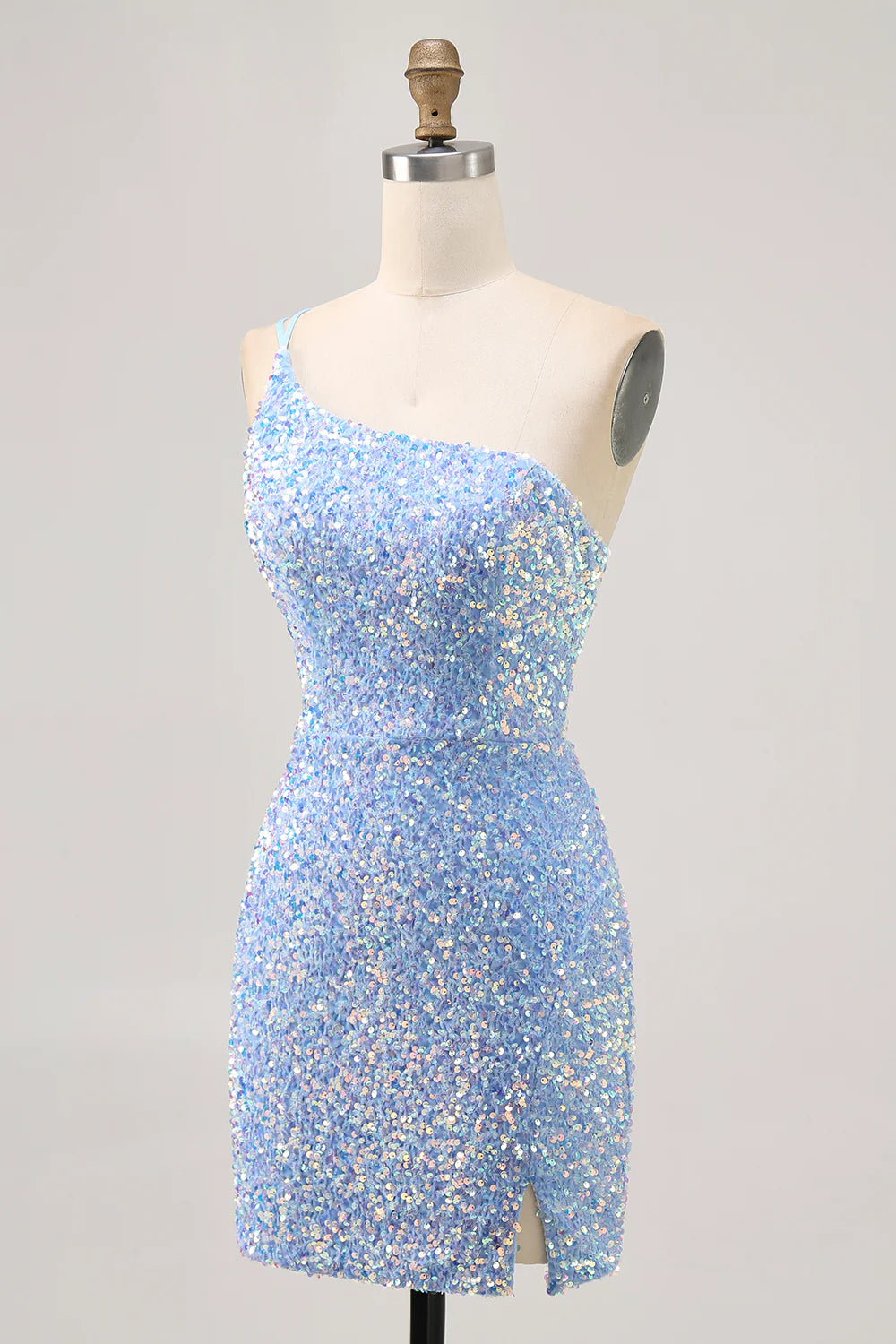 Chic Short Dress Sparkly Light Blue Sequins Sheath One Shoulder Sleeveless Side Fork Backless Hot Sale Homecoming Dress