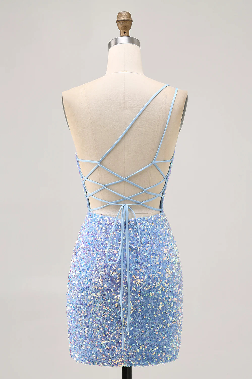 Chic Short Dress Sparkly Light Blue Sequins Sheath One Shoulder Sleeveless Side Fork Backless Hot Sale Homecoming Dress