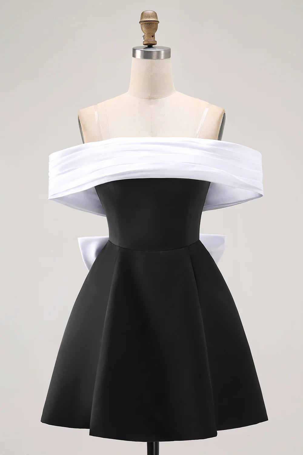 Cute Short Dress Black A Line Off the Shoulder Sleeveless Pleated Backless with Bow Bargain Homecoming Dress