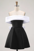 Cute Short Dress Black A Line Off the Shoulder Sleeveless Pleated Backless with Bow Bargain Homecoming Dress