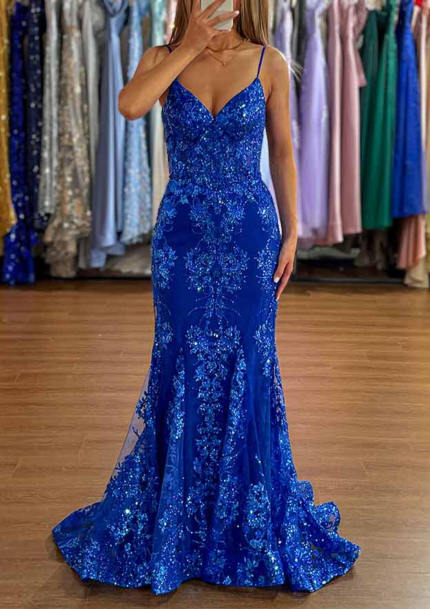 Royal Blue Fashion Glitter Tulle Mermaid V Neck Spaghetti Strap Sleeveless with Sequin Appliqued Backless Hot Sale Long Prom Dress