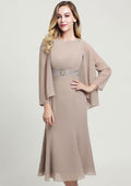Elegant Wedding Guest Dresses Chiffon Mermaid Bateau Sleeveless Beading With Long Sleeves Jacket Two-Piece Tea-Length Hot Sale Mother of the Bride Dress