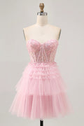 Chic Short Dress Sparkly Pink Tulle A Line Sweetheart Neckline Sleeveless with Sequin Lace Applique Layering Ruched Backless Hot Sale Homecoming Dress
