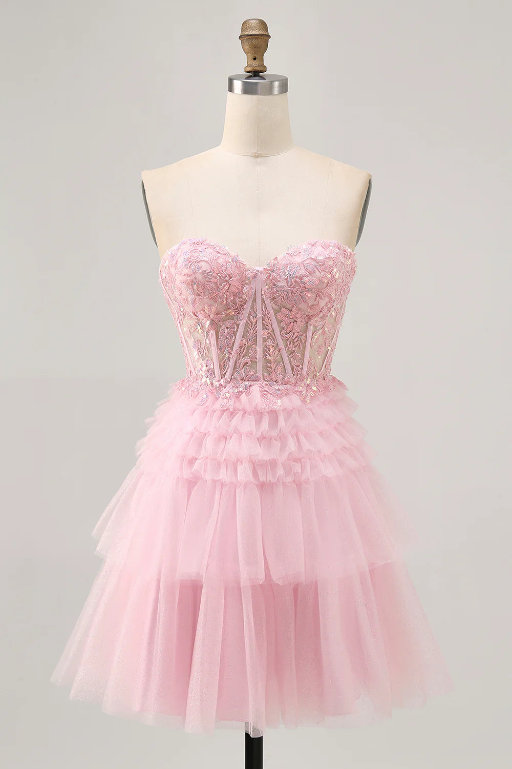 Chic Short Dress Sparkly Pink Tulle A Line Sweetheart Neckline Sleeveless with Sequin Lace Applique Layering Ruched Backless Hot Sale Homecoming Dress