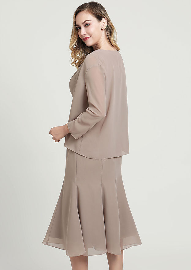 Elegant Wedding Guest Dresses Chiffon Mermaid Bateau Sleeveless Beading With Long Sleeves Jacket Two-Piece Tea-Length Hot Sale Mother of the Bride Dress
