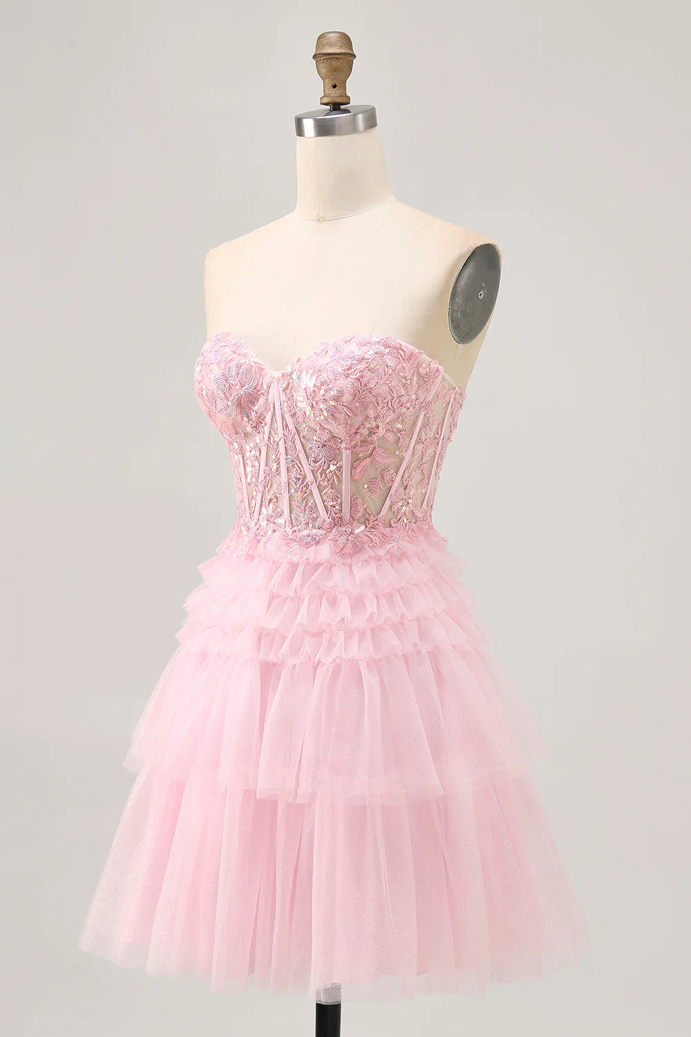 Chic Short Dress Sparkly Pink Tulle A Line Sweetheart Neckline Sleeveless with Sequin Lace Applique Layering Ruched Backless Hot Sale Homecoming Dress