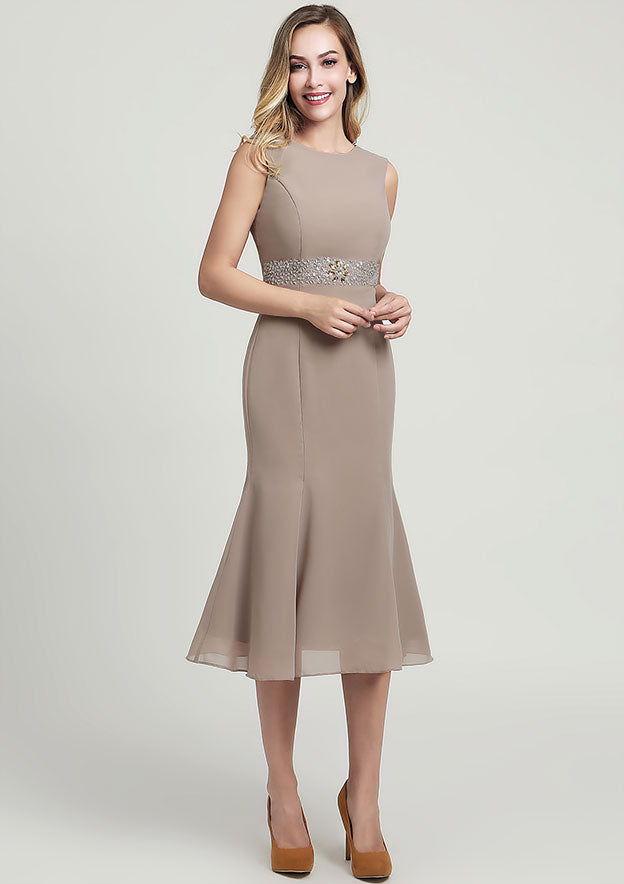 Elegant Wedding Guest Dresses Chiffon Mermaid Bateau Sleeveless Beading With Long Sleeves Jacket Two-Piece Tea-Length Hot Sale Mother of the Bride Dress