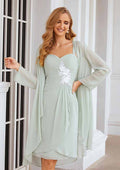 Exquisite Wedding Guest Dresses Mint Green Chiffon A-line Sweetheart Neckline Sleeveless Pleated With Three-Dimensional Flowers Long Sleeves Jacket Two-Piece Knee-Length Hot Sale Mother of the Bride Dress