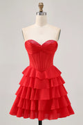 Exquisite Short Dress Sparkly Red A Line Strapless Sweetheart Neckline Sleeveless with Beading Layering Ruched Backless Hot Sale Homecoming Dress