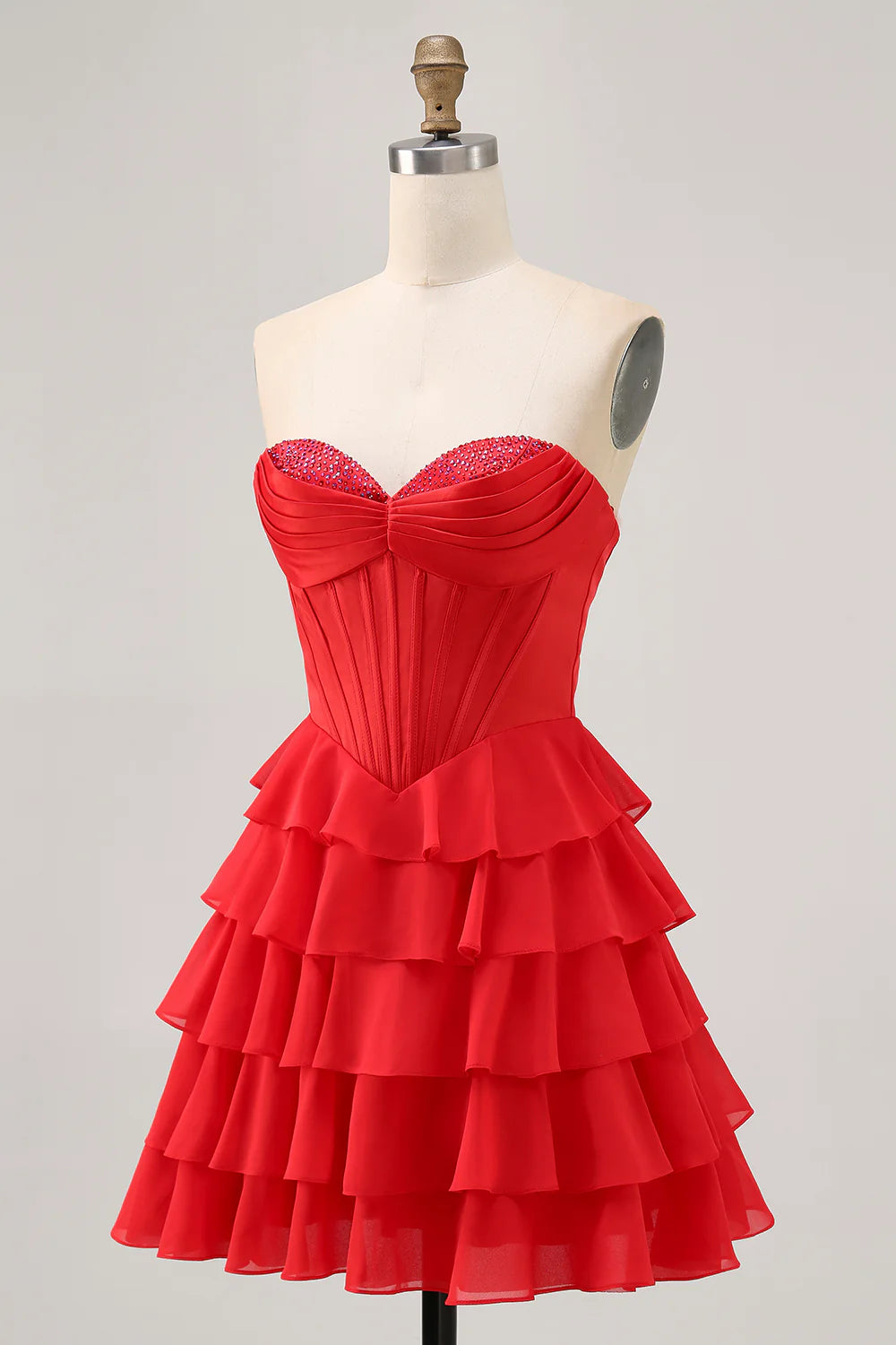 Exquisite Short Dress Sparkly Red A Line Strapless Sweetheart Neckline Sleeveless with Beading Layering Ruched Backless Hot Sale Homecoming Dress