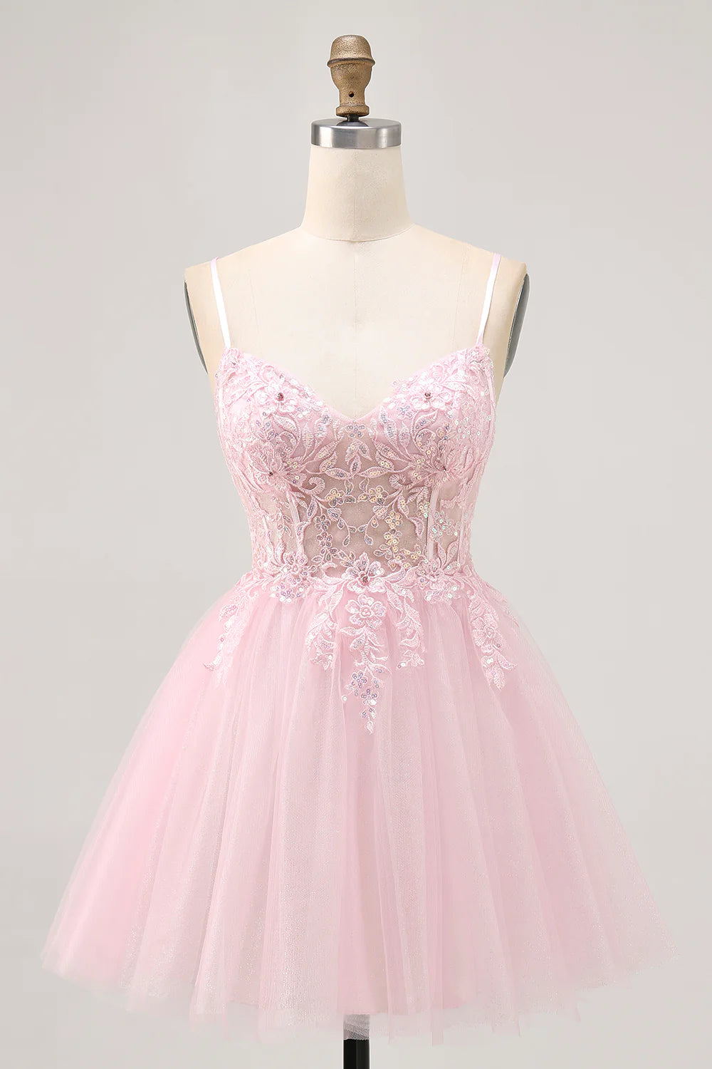 Elegant Short Dress Sparkly Pink A Line Spaghetti Strap V Neck Sleeveless with Sequin Lace Applique Backless Hot Sale Homecoming Dress