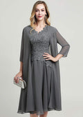 Wedding Guest Dresses Grey Chiffon Classic A-line V Neck Short Sleeve Lace Applique With 3/4 Long Sleeve Jacket Two-Piece Knee-Length Hot Sale Mother of the Bride Dress
