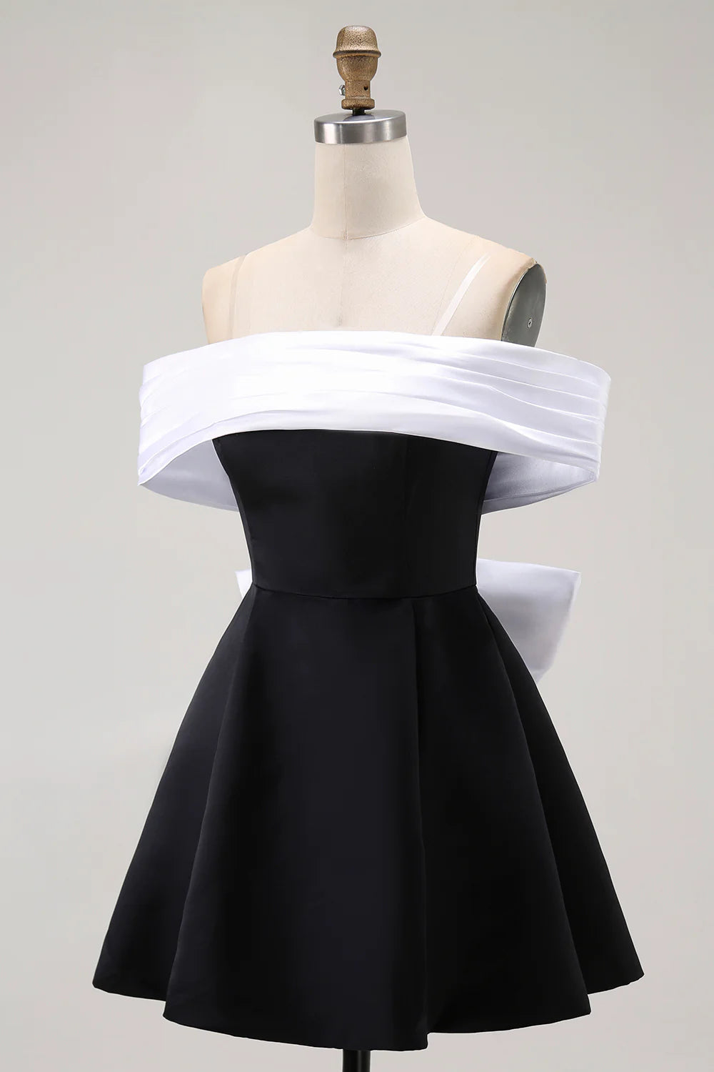 Cute Short Dress Black A Line Off the Shoulder Sleeveless Pleated Backless with Bow Bargain Homecoming Dress