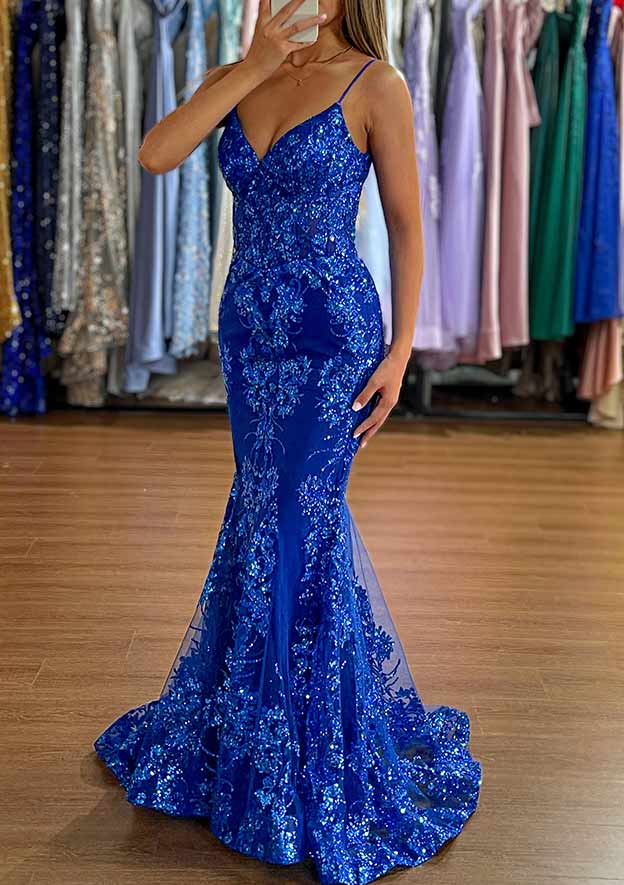 Royal Blue Fashion Glitter Tulle Mermaid V Neck Spaghetti Strap Sleeveless with Sequin Appliqued Backless Hot Sale Long Prom Dress