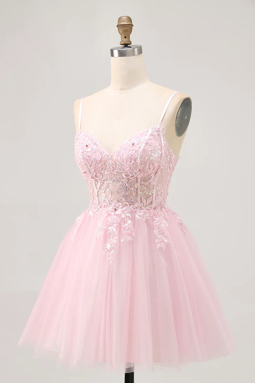 Elegant Short Dress Sparkly Pink A Line Spaghetti Strap V Neck Sleeveless with Sequin Lace Applique Backless Hot Sale Homecoming Dress