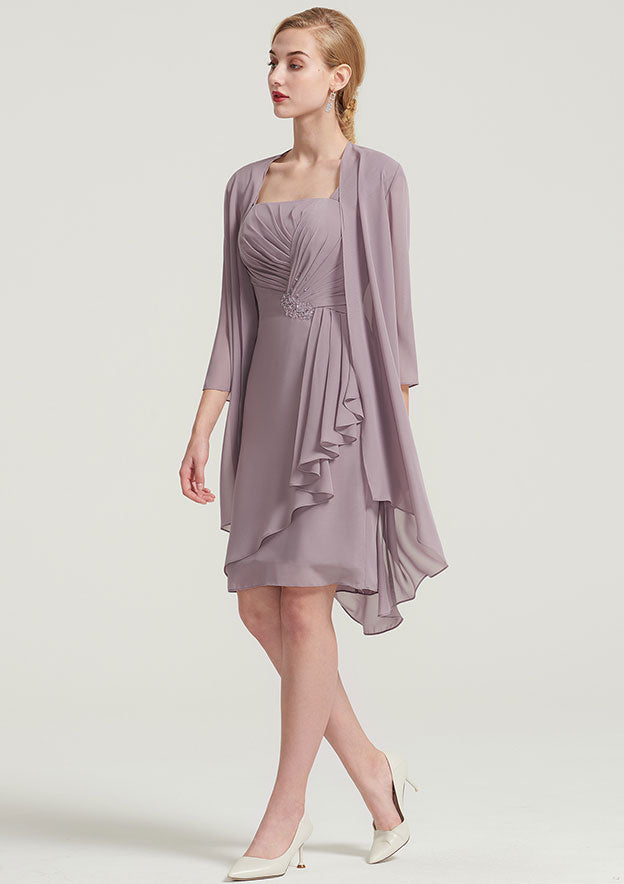 Elegant Wedding Guest Dresses Chiffon Sheath Square Neckline Sleeveless Pleated Beading With 3/4 Long Sleeve Jacket Two-Piece Knee-Length Hot Sale Mother of the Bride Dress