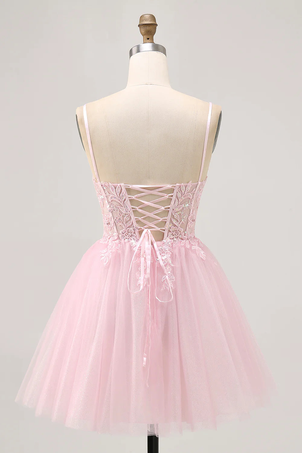 Elegant Short Dress Sparkly Pink A Line Spaghetti Strap V Neck Sleeveless with Sequin Lace Applique Backless Hot Sale Homecoming Dress
