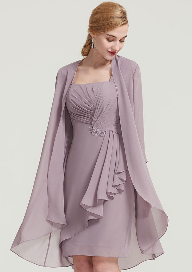 Elegant Wedding Guest Dresses Chiffon Sheath Square Neckline Sleeveless Pleated Beading With 3/4 Long Sleeve Jacket Two-Piece Knee-Length Hot Sale Mother of the Bride Dress