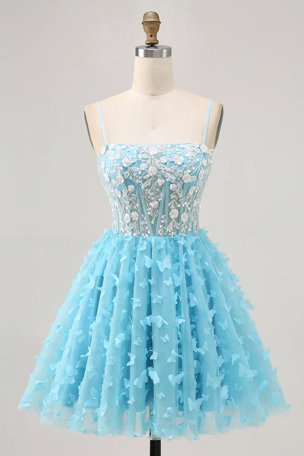 Fashion Exquisite Short Dress Sparkly Sky Blue A Line Spaghetti Strap Sleeveless with Sequins 3D Butterfly Flower Backless Hot Sale Homecoming Dress