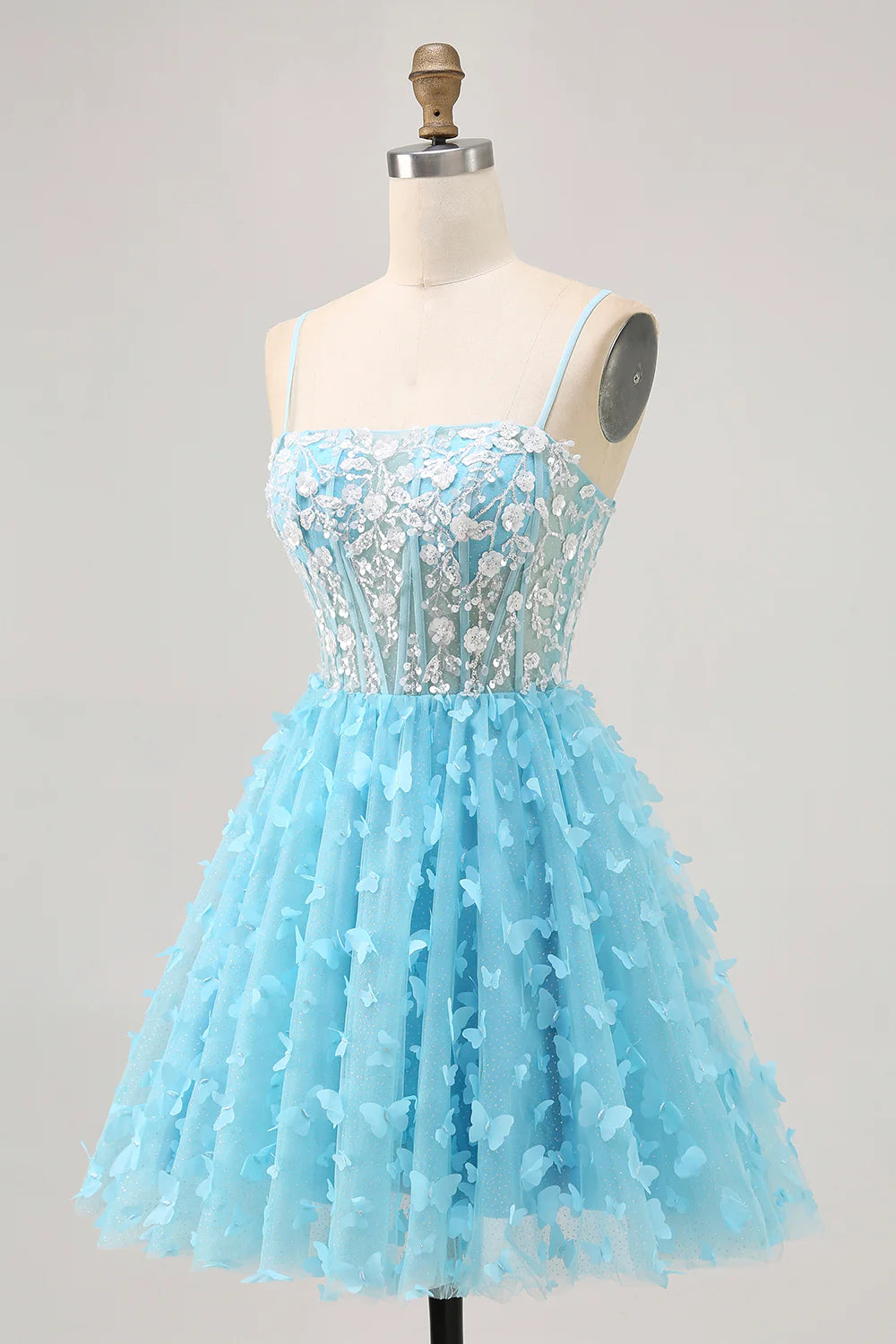 Fashion Exquisite Short Dress Sparkly Sky Blue A Line Spaghetti Strap Sleeveless with Sequins 3D Butterfly Flower Backless Hot Sale Homecoming Dress