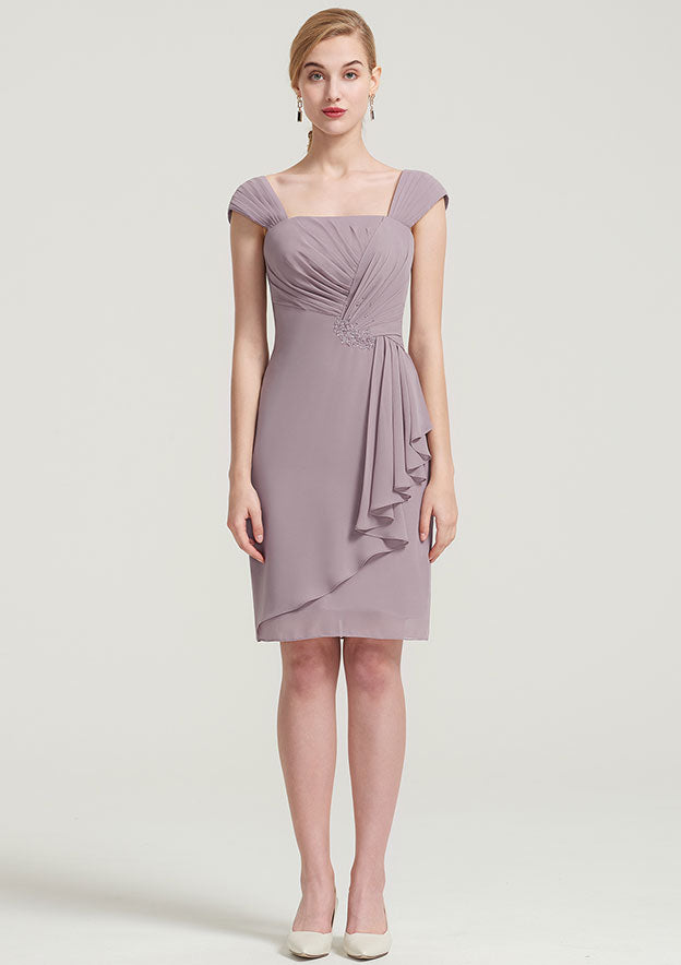 Elegant Wedding Guest Dresses Chiffon Sheath Square Neckline Sleeveless Pleated Beading With 3/4 Long Sleeve Jacket Two-Piece Knee-Length Hot Sale Mother of the Bride Dress