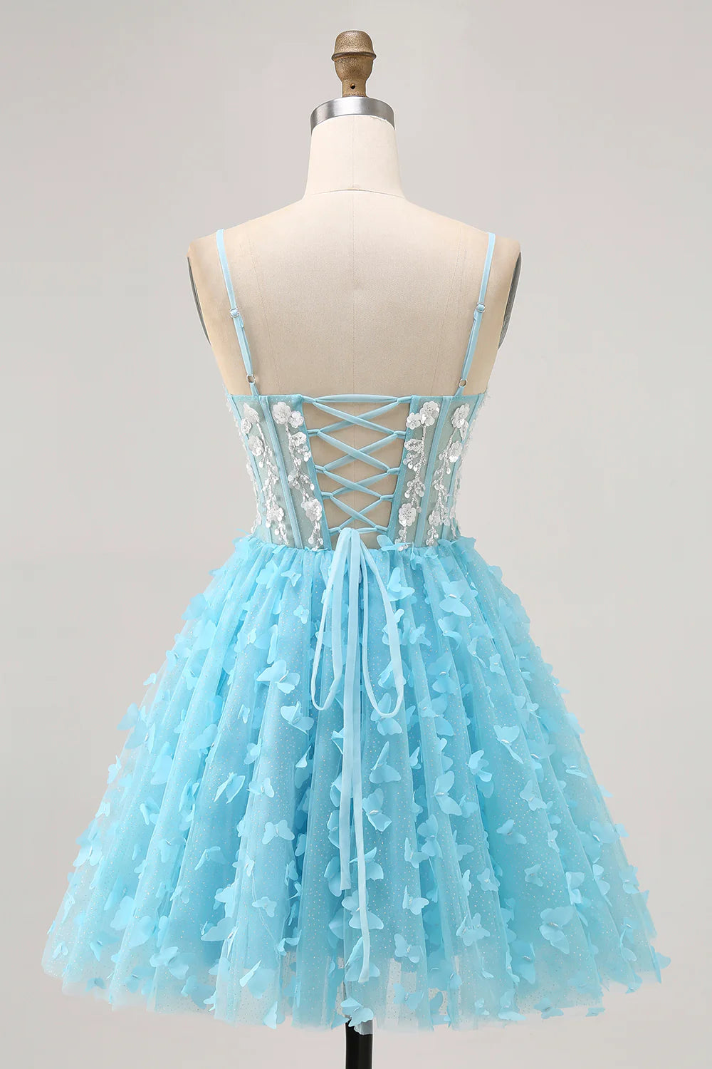 Fashion Exquisite Short Dress Sparkly Sky Blue A Line Spaghetti Strap Sleeveless with Sequins 3D Butterfly Flower Backless Hot Sale Homecoming Dress