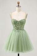 Exquisite Short Dress Sparkly Green A Line Spaghetti Strap Sweetheart Neckline Sleeveless with Beading Applique Backless Hot Sale Homecoming Dress