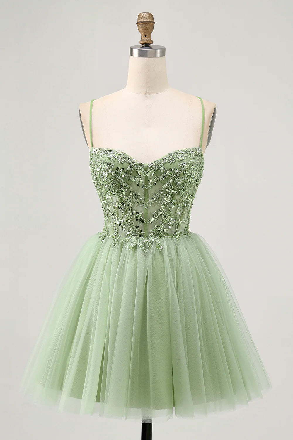 Exquisite Short Dress Sparkly Green A Line Spaghetti Strap Sweetheart Neckline Sleeveless with Beading Applique Backless Hot Sale Homecoming Dress