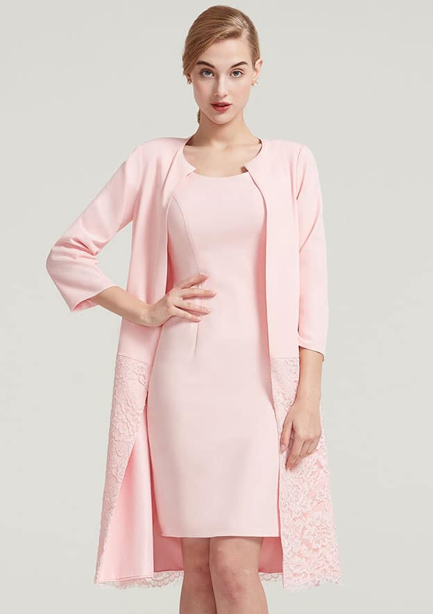 Elegant Wedding Guest Dresses Pink Satin Sheath/Column Scoop Neck Sleeveless With Lace 3/4 Long Sleeve Jacket Two-Piece Knee-Length Hot Sale Mother of the Bride Dress