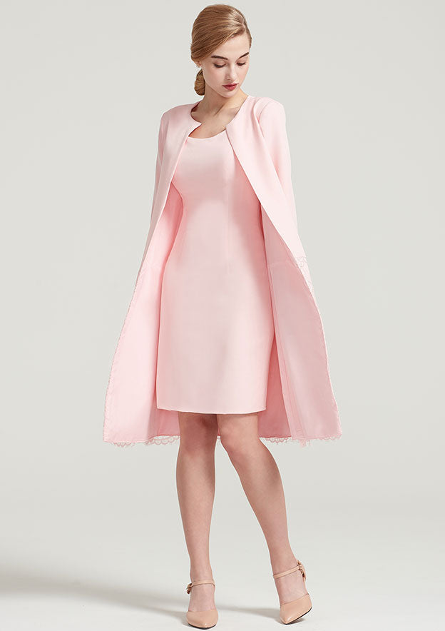 Elegant Wedding Guest Dresses Pink Satin Sheath/Column Scoop Neck Sleeveless With Lace 3/4 Long Sleeve Jacket Two-Piece Knee-Length Hot Sale Mother of the Bride Dress