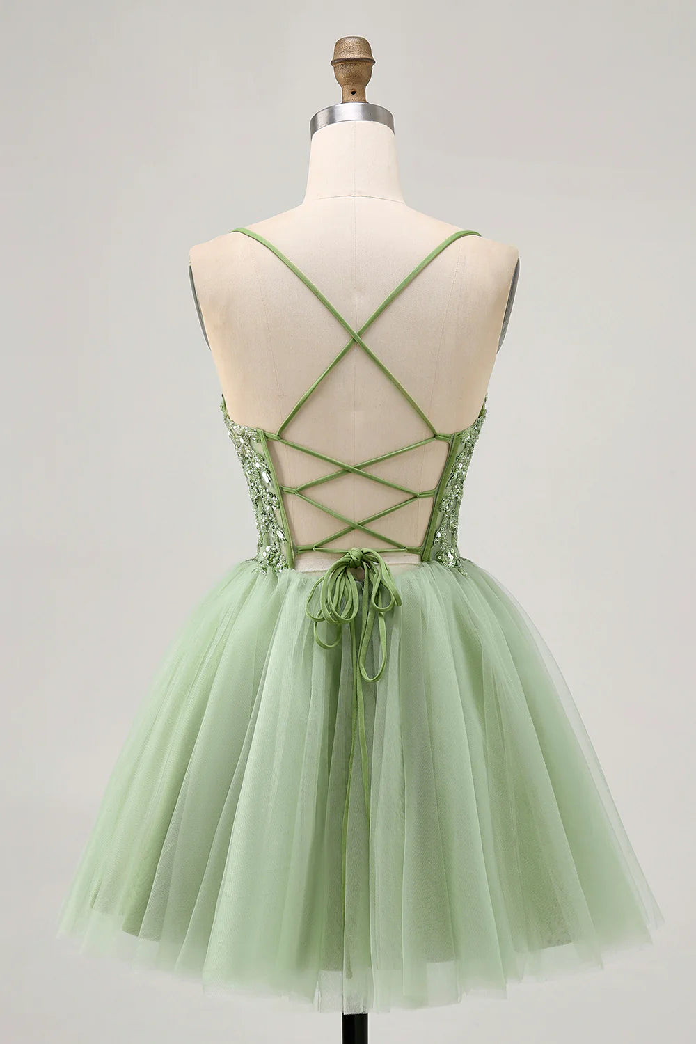 Exquisite Short Dress Sparkly Green A Line Spaghetti Strap Sweetheart Neckline Sleeveless with Beading Applique Backless Hot Sale Homecoming Dress