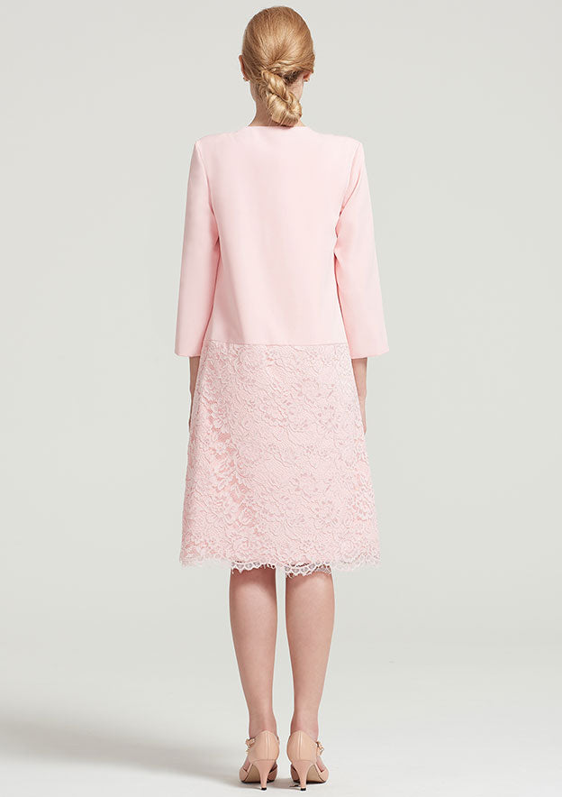 Elegant Wedding Guest Dresses Pink Satin Sheath/Column Scoop Neck Sleeveless With Lace 3/4 Long Sleeve Jacket Two-Piece Knee-Length Hot Sale Mother of the Bride Dress