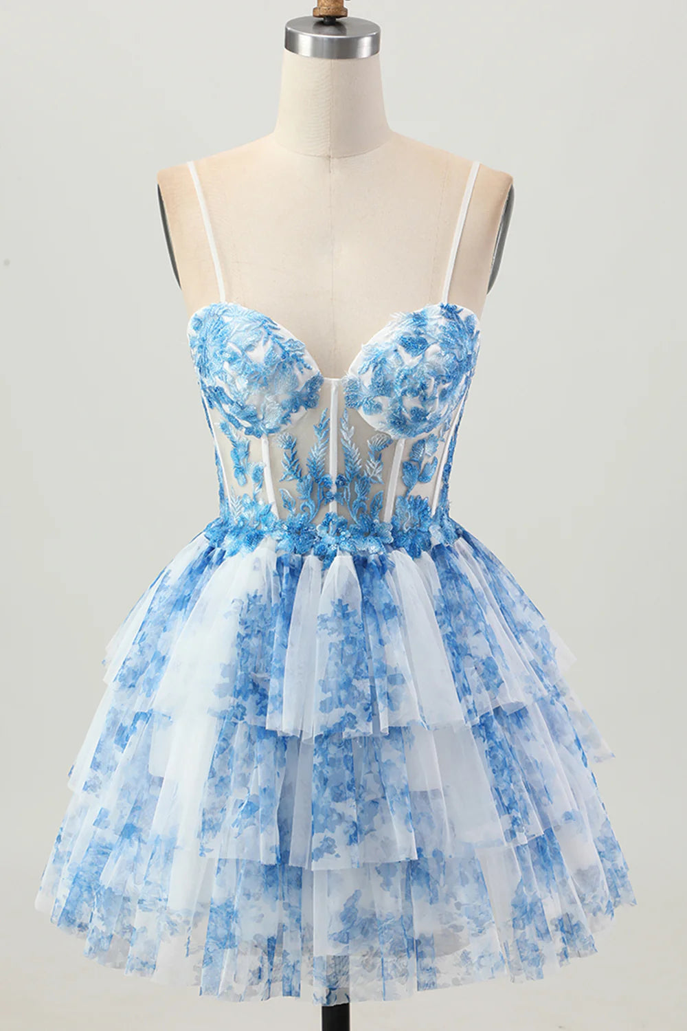 Chic Short Dress White Blue Printing A Line Spaghetti Strap Sweetheart Neckline Sleeveless Lace Applique Layering Ruched Backless Hot Sale Homecoming Dress