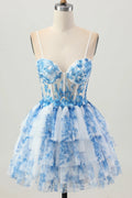 Chic Short Dress White Blue Printing A Line Spaghetti Strap Sweetheart Neckline Sleeveless Lace Applique Layering Ruched Backless Hot Sale Homecoming Dress