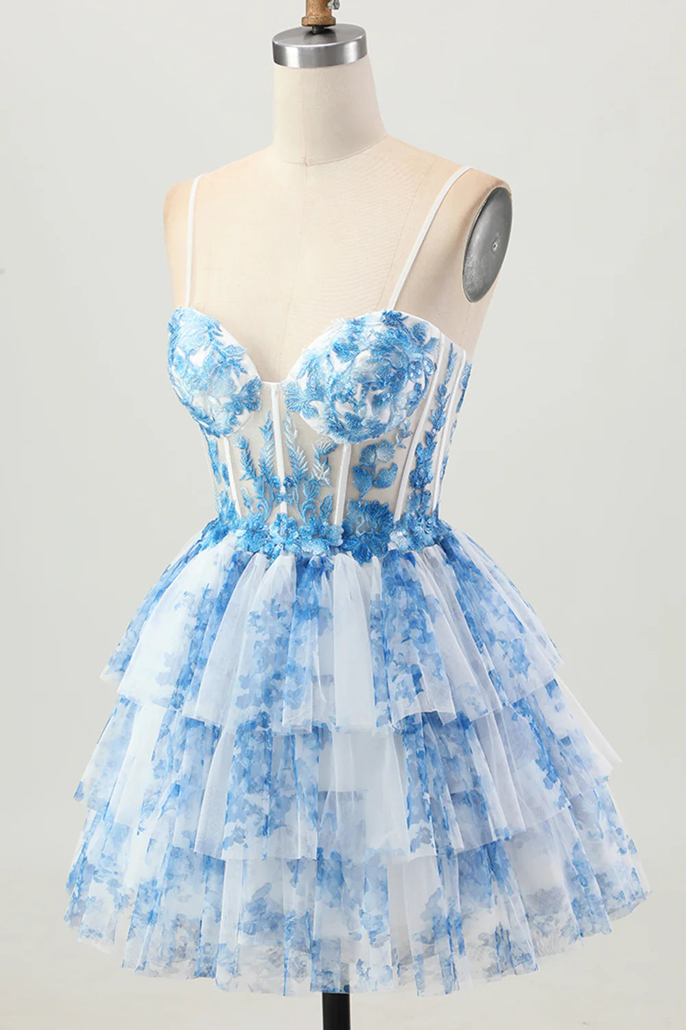Chic Short Dress White Blue Printing A Line Spaghetti Strap Sweetheart Neckline Sleeveless Lace Applique Layering Ruched Backless Hot Sale Homecoming Dress