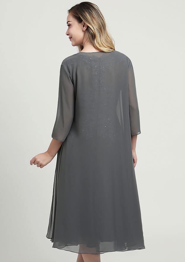 Wedding Guest Dresses Grey Chiffon Classic A-line V Neck Short Sleeve Lace Applique With 3/4 Long Sleeve Jacket Two-Piece Knee-Length Hot Sale Mother of the Bride Dress