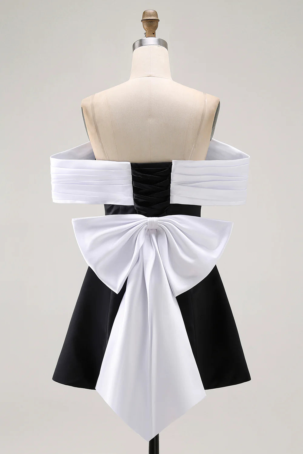 Cute Short Dress Black A Line Off the Shoulder Sleeveless Pleated Backless with Bow Bargain Homecoming Dress