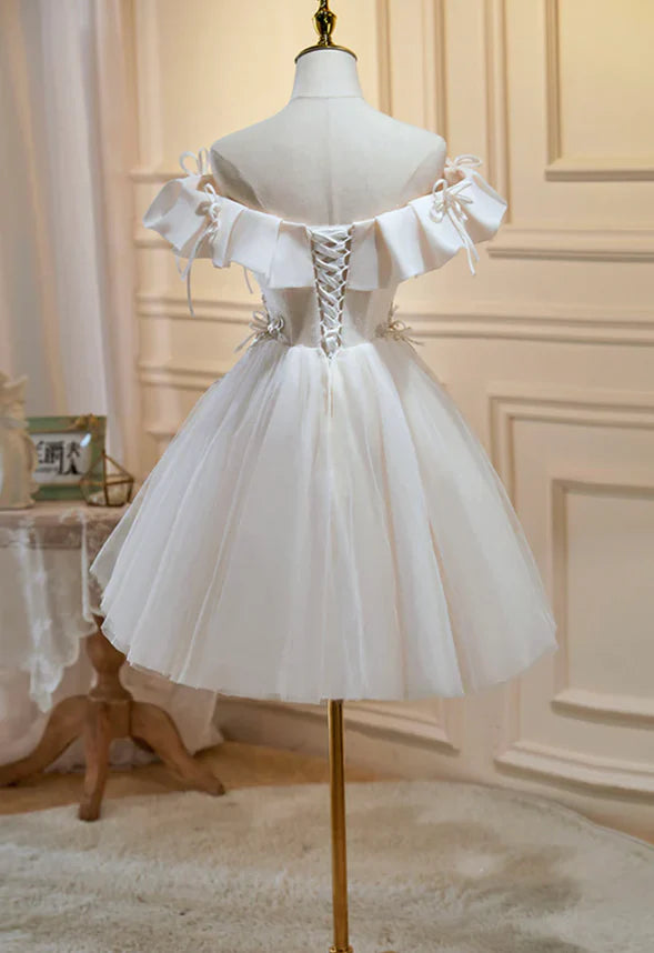 Beaded Lace Bow-Accent Off-Shoulder Tulle Mini Prom Dress