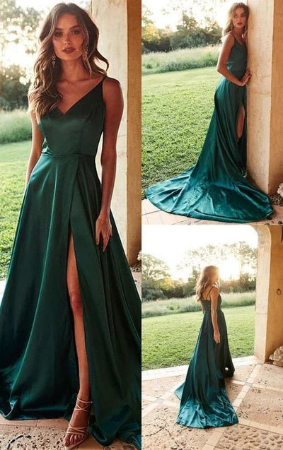 Luxe Satin A-Line V-Neck Sleeveless Zipper-Back High-Slit Floor-Length Prom Gown