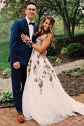 Bohemian Floral-Embroidered A-Line V-Neck Sleeveless Multi-Strap-Back Floor-Length Prom Gown