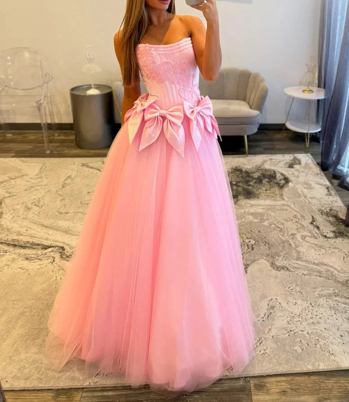 Bowknot  Romantic Strapless Embroidered Corset Triple-Bow Tulle Floor-Length Prom Ballgown