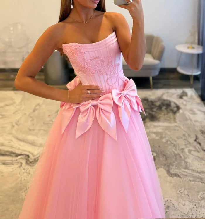 Bowknot  Romantic Strapless Embroidered Corset Triple-Bow Tulle Floor-Length Prom Ballgown