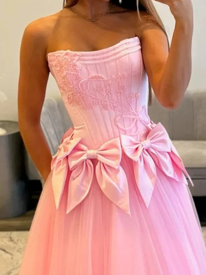Bowknot  Romantic Strapless Embroidered Corset Triple-Bow Tulle Floor-Length Prom Ballgown