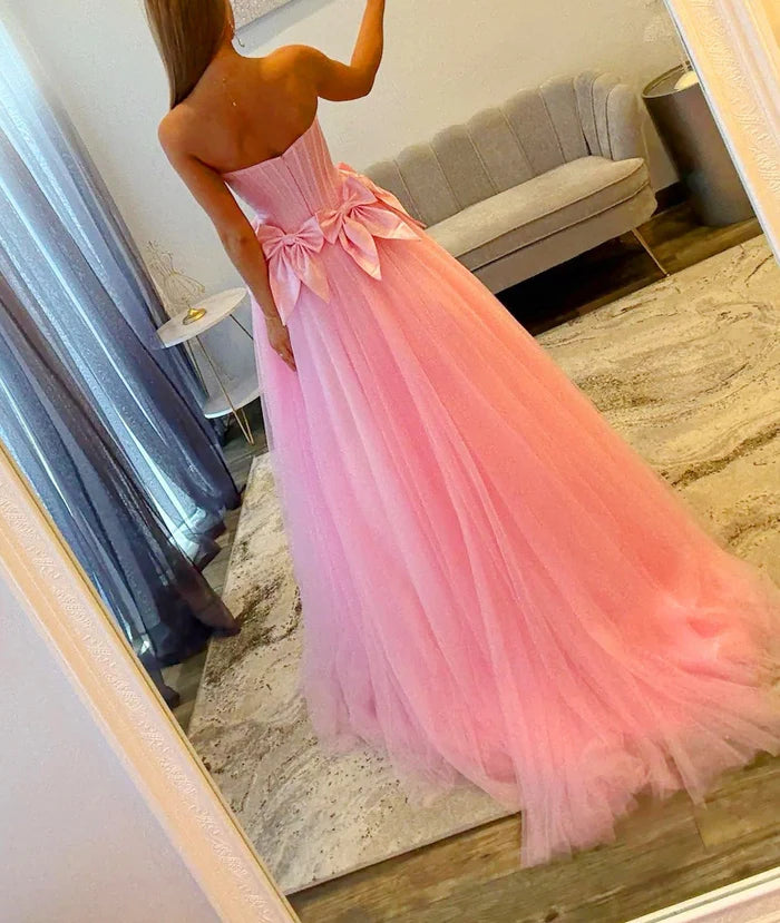 Bowknot  Romantic Strapless Embroidered Corset Triple-Bow Tulle Floor-Length Prom Ballgown
