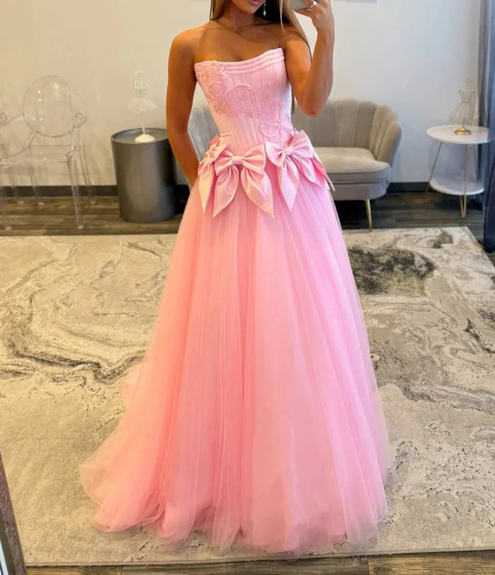 Bowknot  Romantic Strapless Embroidered Corset Triple-Bow Tulle Floor-Length Prom Ballgown