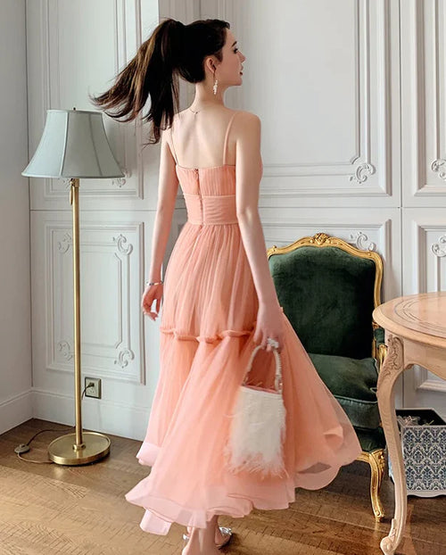 Charming Sleeveless Elegant  Romantic Pleated Spaghetti-Strap Open-Back Tiered Tulle Midi Party Dress
