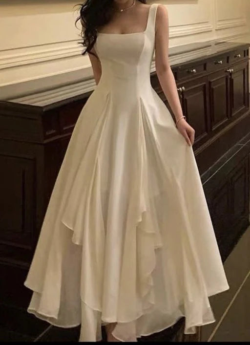 Chic Elegant Slim-Fit Square Neck Sleeveless Solid Back Long Layered Prom Dress