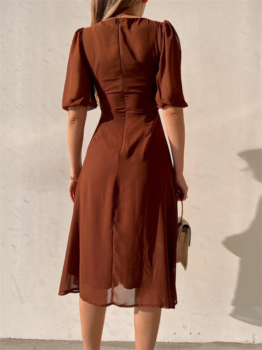 Chic Puff-sleeve Sweetheart Lace-trim High-slit Midi Prom Dress